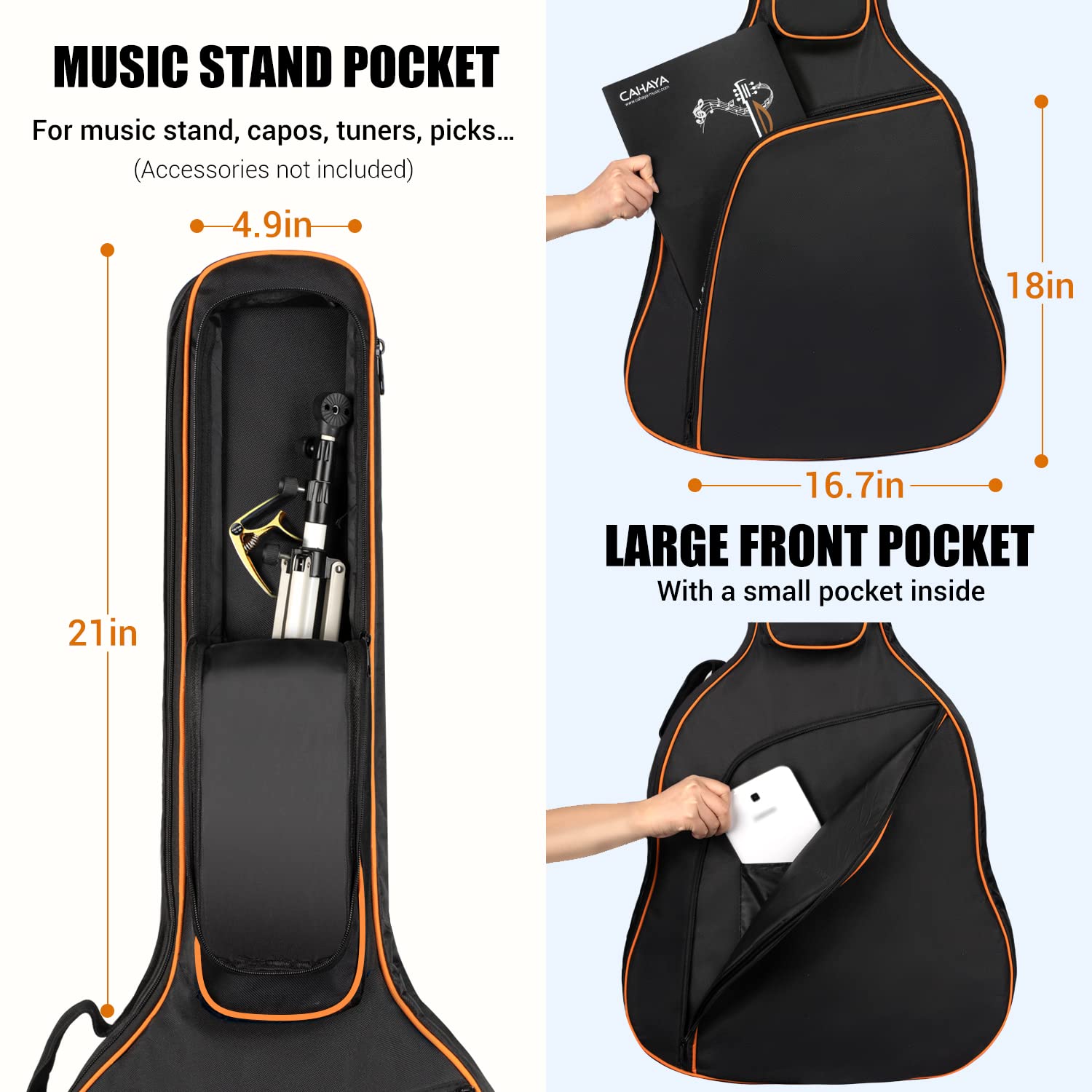 CAHAYA 44 Inch Guitar Bag for Dreadnought and Jumbo Orange Line Gig Bag 0.47in Thick Padding Water Resistent Adjustable Shoulder